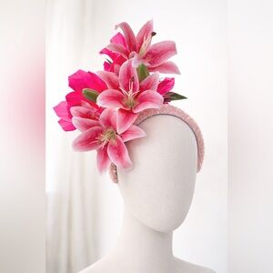 Pink Floral Stargazer Lily Fascinator Feathers  Beaded Headband KY Oaks Headwear